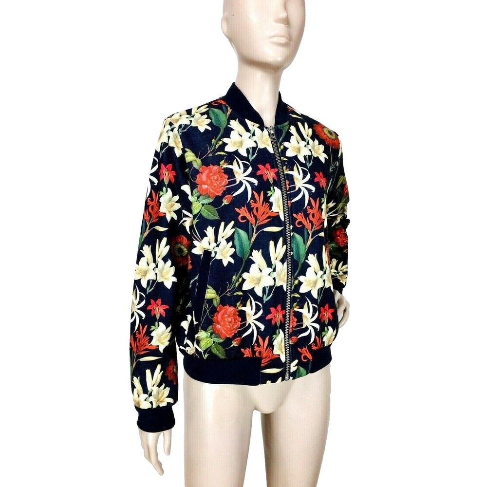 Moussy Vintage Black Floral Knit Zip-Up Knit Bomber Jacket Size S/M